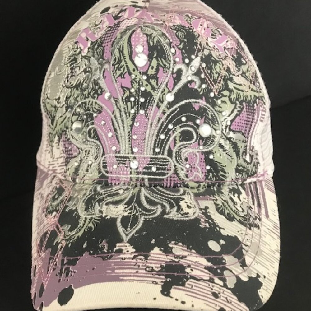 CHIC BLING! FLEUR-DE-LIS PURPLE & GRAY TRUCKER CAP MESH-BACK BY L.O.G.A. FASHION